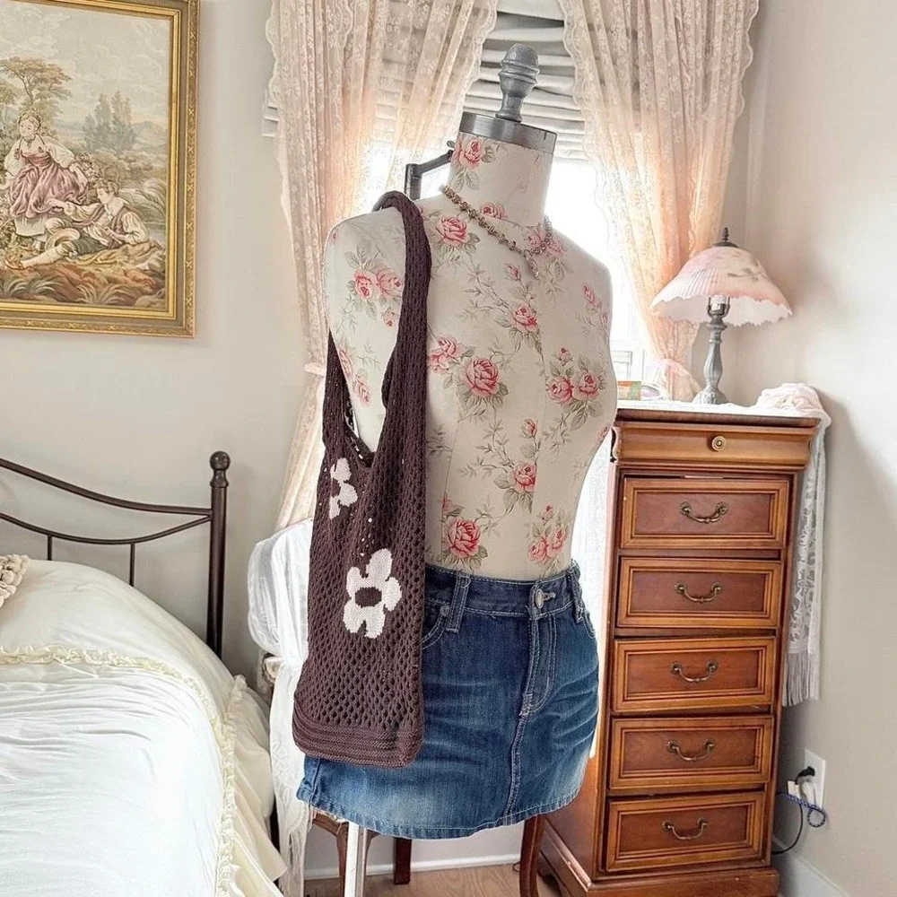 Knit flower tote  brown crochet flower tote bag size one‎ size